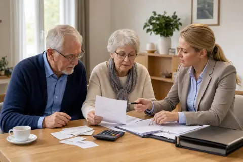 „Patientenverfügung im Pflegealltag – Kosten“: Eine Angehörige bespricht mit einer älteren Person wichtige Unterlagen und Entscheidungen für den Pflegealltag.