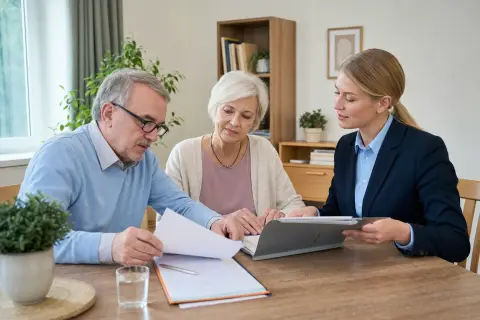 „Patientenverfügung im Pflegealltag – Unterlagen“: Eine Angehörige bespricht mit einer älteren Person wichtige Unterlagen und Entscheidungen für den Pflegealltag.