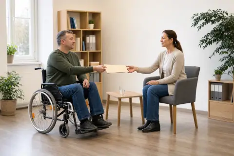 „Persönliches Budget – Antrag“: Eine Angehörige und eine pflegebedürftige Person prüfen gemeinsam Pflegeunterlagen an einem Tisch.