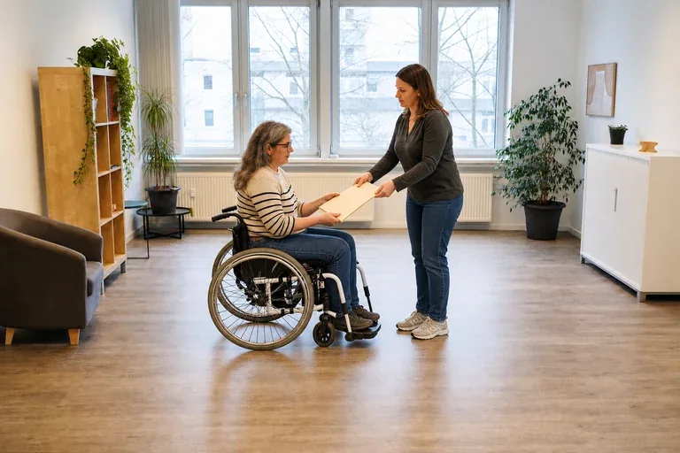 Persönliches Budget – Unterlagen „Persönliches Budget – Unterlagen“: Eine Angehörige und eine pflegebedürftige Person prüfen gemeinsam Pflegeunterlagen an einem Tisch.