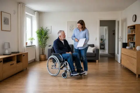 „Persönliches Budget – Voraussetzungen“: Eine Angehörige und eine pflegebedürftige Person prüfen gemeinsam Pflegeunterlagen an einem Tisch.