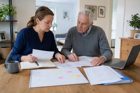 „Arbeitszeit wegen Pflege reduzieren – Fristen“: Eine Angehörige und eine pflegebedürftige Person prüfen gemeinsam Pflegeunterlagen an einem Tisch.