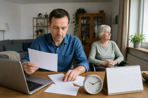 Pflege und Homeoffice – Fristen „Pflege und Homeoffice – Fristen“: Eine Angehörige und eine pflegebedürftige Person prüfen gemeinsam Pflegeunterlagen an einem Tisch.