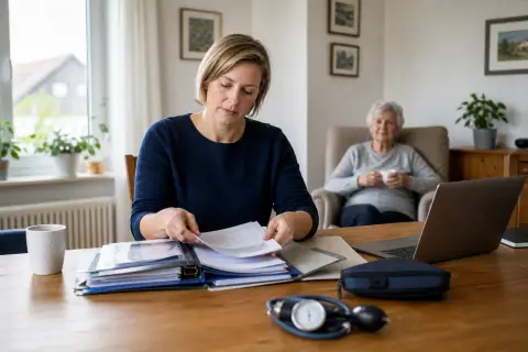 „Pflege und Homeoffice – Unterlagen“: Eine Angehörige und eine pflegebedürftige Person prüfen gemeinsam Pflegeunterlagen an einem Tisch.