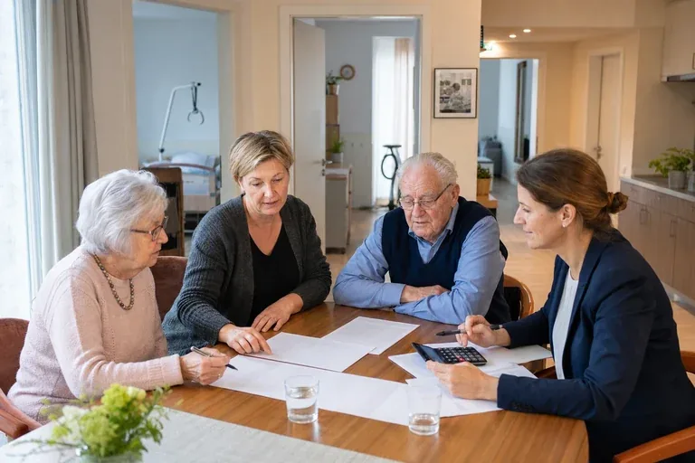 Pflege-WG als Alternative – Kosten „Pflege-WG als Alternative – Kosten“: Angehörige und eine ältere Person vergleichen Unterlagen zur stationären Pflege und deren Finanzierung.