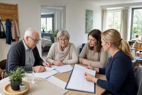 „Pflege-WG als Alternative – Unterlagen“: Angehörige und eine ältere Person vergleichen Unterlagen zur stationären Pflege und deren Finanzierung.