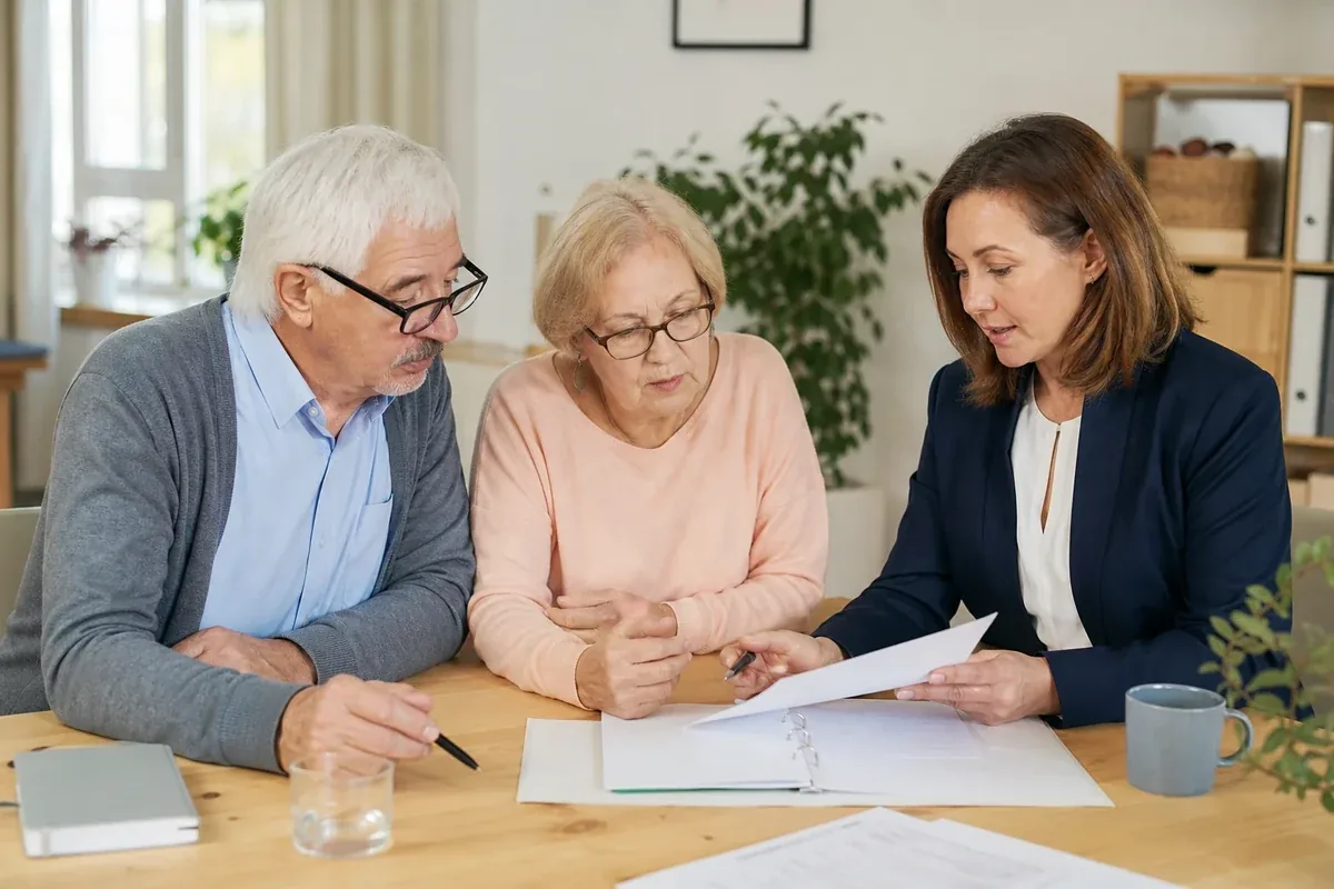 Anschubfinanzierung für eine Pflege-WG – Voraussetzungen „Anschubfinanzierung für eine Pflege-WG – Voraussetzungen“: Angehörige und eine ältere Person vergleichen Unterlagen zur stationären Pflege und deren Finanzierung.