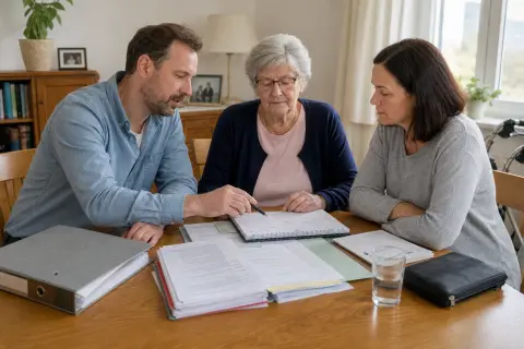Pflegebegutachtung beim Hausbesuch – Fristen „Pflegebegutachtung beim Hausbesuch – Fristen“: Eine Angehörige und eine pflegebedürftige Person prüfen gemeinsam Pflegeunterlagen an einem Tisch.