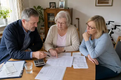 Pflegebegutachtung beim Hausbesuch – Kosten „Pflegebegutachtung beim Hausbesuch – Kosten“: Eine Angehörige und eine pflegebedürftige Person prüfen gemeinsam Pflegeunterlagen an einem Tisch.