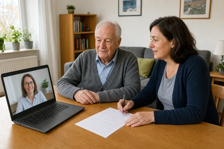 Pflegebegutachtung per Videotelefonie – Antrag „Pflegebegutachtung per Videotelefonie – Antrag“: Eine Angehörige und eine pflegebedürftige Person prüfen gemeinsam Pflegeunterlagen an einem Tisch.