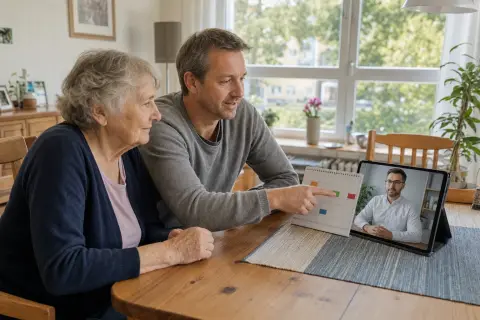 Pflegebegutachtung per Videotelefonie – Fristen „Pflegebegutachtung per Videotelefonie – Fristen“: Eine Angehörige und eine pflegebedürftige Person prüfen gemeinsam Pflegeunterlagen an einem Tisch.