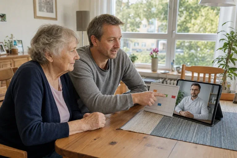Pflegebegutachtung per Videotelefonie – Fristen „Pflegebegutachtung per Videotelefonie – Fristen“: Eine Angehörige und eine pflegebedürftige Person prüfen gemeinsam Pflegeunterlagen an einem Tisch.