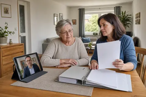 „Pflegebegutachtung per Videotelefonie – Unterlagen“: Eine Angehörige und eine pflegebedürftige Person prüfen gemeinsam Pflegeunterlagen an einem Tisch.