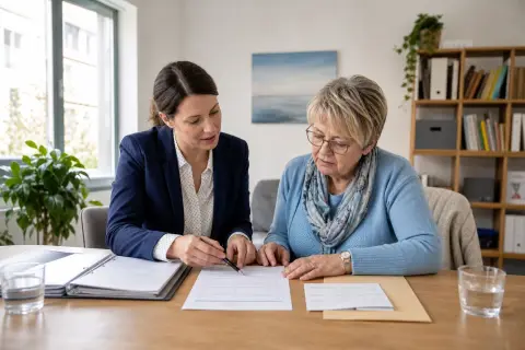 „Pflegeberatung – Antrag“: Eine Angehörige und eine pflegebedürftige Person prüfen gemeinsam Pflegeunterlagen an einem Tisch.