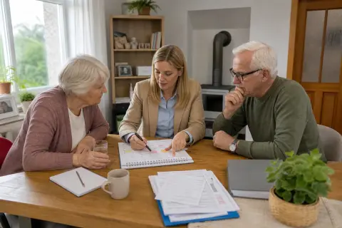 Pflegeberatung – Fristen „Pflegeberatung – Fristen“: Eine Angehörige und eine pflegebedürftige Person prüfen gemeinsam Pflegeunterlagen an einem Tisch.