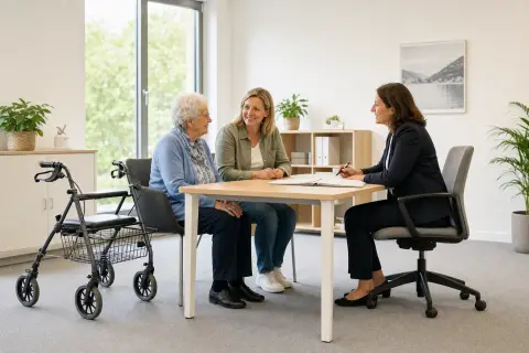 „Pflegeberatung und Pflegestützpunkt kostenlos nutzen“: Angehörige und eine pflegebedürftige Person besprechen gemeinsam die Organisation des Pflegealltags.