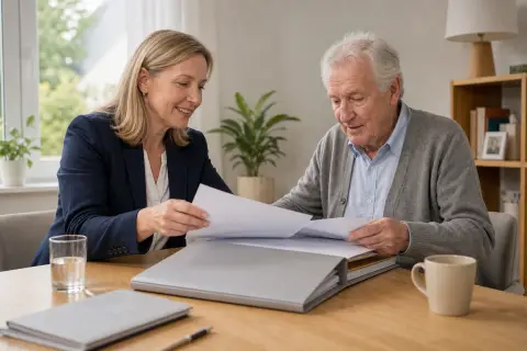 „Pflegeberatung – Unterlagen“: Eine Angehörige und eine pflegebedürftige Person prüfen gemeinsam Pflegeunterlagen an einem Tisch.