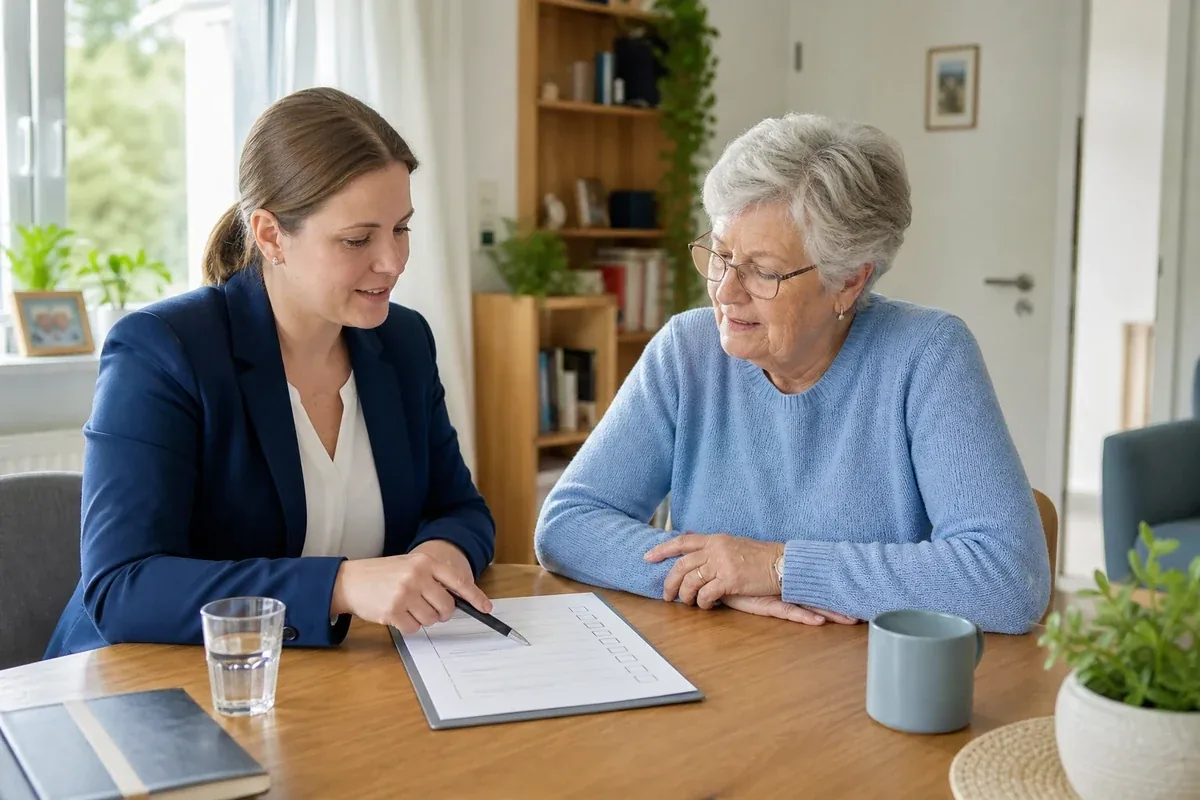 Pflegeberatung – Voraussetzungen „Pflegeberatung – Voraussetzungen“: Eine Angehörige und eine pflegebedürftige Person prüfen gemeinsam Pflegeunterlagen an einem Tisch.