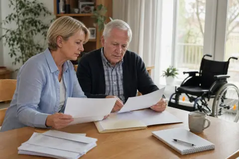Pflegegrad-Bescheid prüfen – Unterlagen „Pflegegrad-Bescheid prüfen – Unterlagen“: Eine Angehörige und eine pflegebedürftige Person prüfen gemeinsam Pflegeunterlagen an einem Tisch.