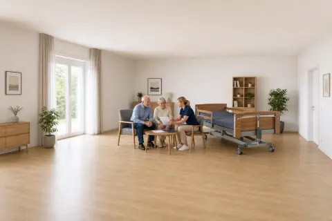 „Pflegebett – Unterlagen“: Eine Pflegefachperson zeigt einer pflegebedürftigen Person ein Hilfsmittel für sichere Pflege und Lagerung.