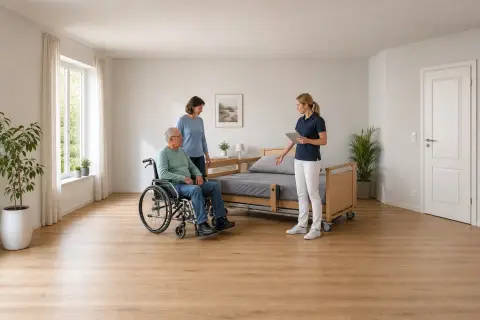 „Pflegebett – Voraussetzungen“: Eine Pflegefachperson zeigt einer pflegebedürftigen Person ein Hilfsmittel für sichere Pflege und Lagerung.
