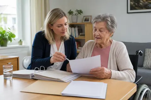 „Pflegedokumentation zu Hause – Antrag“: Eine Angehörige und eine pflegebedürftige Person prüfen gemeinsam Pflegeunterlagen an einem Tisch.