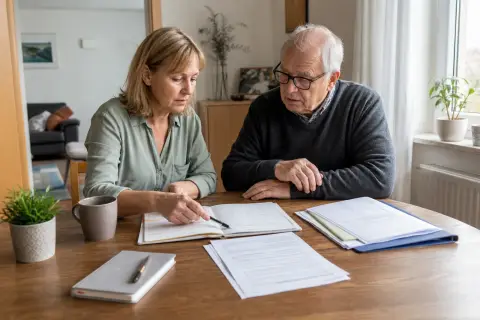 „Pflegedokumentation zu Hause – Fristen“: Eine Angehörige und eine pflegebedürftige Person prüfen gemeinsam Pflegeunterlagen an einem Tisch.