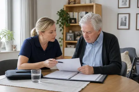 „Pflegedokumentation zu Hause – Voraussetzungen“: Eine Angehörige und eine pflegebedürftige Person prüfen gemeinsam Pflegeunterlagen an einem Tisch.