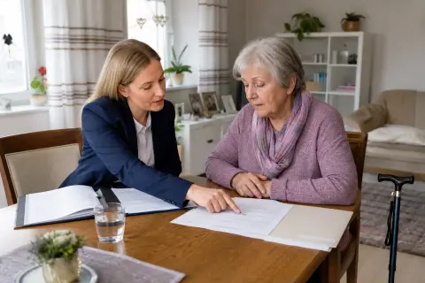 „Pflegegeld 2026: Höhe, Voraussetzungen und Verwendung“: Angehörige und eine pflegebedürftige Person besprechen gemeinsam die Organisation des Pflegealltags.