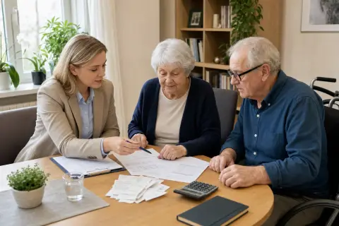 „Pflegegrad bei Demenz – Kosten“: Eine Angehörige bespricht mit einer älteren Person wichtige Unterlagen und Entscheidungen für den Pflegealltag.