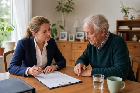 „Pflegegrad bei Demenz – Voraussetzungen“: Eine Angehörige bespricht mit einer älteren Person wichtige Unterlagen und Entscheidungen für den Pflegealltag.
