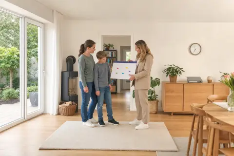 Pflegegrad bei Kindern – Fristen „Pflegegrad bei Kindern – Fristen“: Eltern und eine Fachberaterin besprechen zu Hause die Unterstützung eines pflegebedürftigen Kindes.