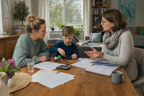 Pflegegrad bei Kindern – Kosten „Pflegegrad bei Kindern – Kosten“: Eltern und eine Fachberaterin besprechen zu Hause die Unterstützung eines pflegebedürftigen Kindes.
