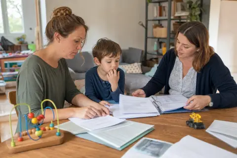 Pflegegrad bei Kindern – Unterlagen „Pflegegrad bei Kindern – Unterlagen“: Eltern und eine Fachberaterin besprechen zu Hause die Unterstützung eines pflegebedürftigen Kindes.