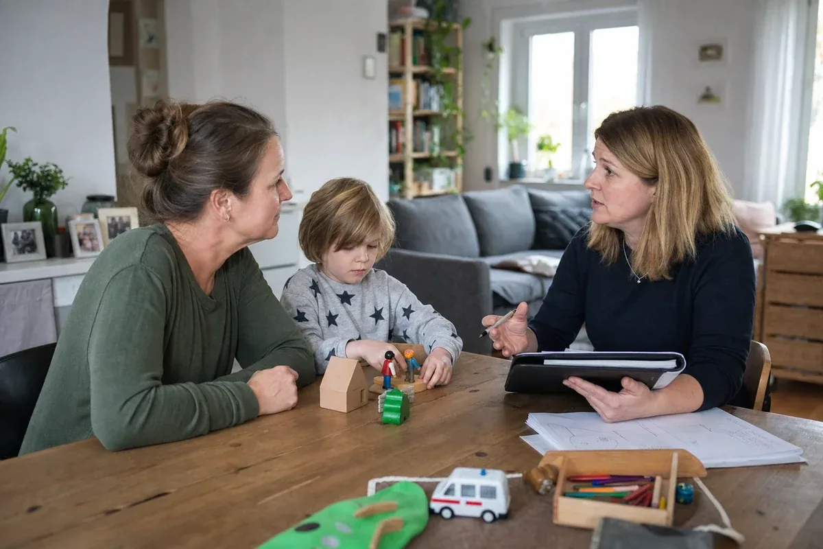 Pflegegrad bei Kindern – Voraussetzungen „Pflegegrad bei Kindern – Voraussetzungen“: Eltern und eine Fachberaterin besprechen zu Hause die Unterstützung eines pflegebedürftigen Kindes.