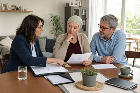 Pflegegrad bei einer Krebserkrankung – Fristen „Pflegegrad bei einer Krebserkrankung – Fristen“: Eine Angehörige und eine pflegebedürftige Person prüfen gemeinsam Pflegeunterlagen an einem Tisch.