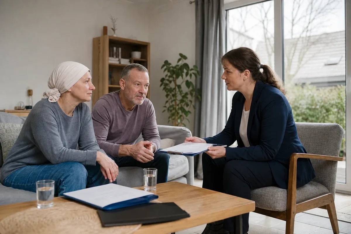Pflegegrad bei einer Krebserkrankung – Voraussetzungen „Pflegegrad bei einer Krebserkrankung – Voraussetzungen“: Eine Angehörige und eine pflegebedürftige Person prüfen gemeinsam Pflegeunterlagen an einem Tisch.