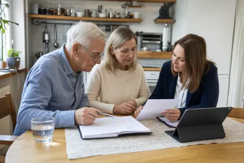 Pflegegrad-Erstantrag – Fristen „Pflegegrad-Erstantrag – Fristen“: Eine Angehörige und eine pflegebedürftige Person prüfen gemeinsam Pflegeunterlagen an einem Tisch.