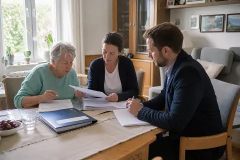 Pflegegrad-Erstantrag – Unterlagen „Pflegegrad-Erstantrag – Unterlagen“: Eine Angehörige und eine pflegebedürftige Person prüfen gemeinsam Pflegeunterlagen an einem Tisch.