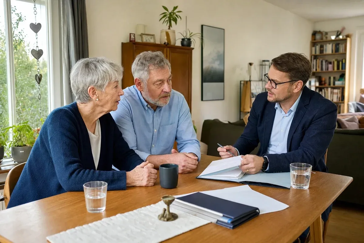 „Pflegegrad-Höherstufung – Voraussetzungen“: Eine Angehörige und eine pflegebedürftige Person prüfen gemeinsam Pflegeunterlagen an einem Tisch.