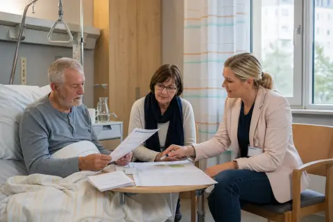 „Pflegegrad im Krankenhaus beantragen – Fristen“: Eine Pflegefachperson bespricht mit einer pflegebedürftigen Person die weitere Versorgung nach einer Behandlung.