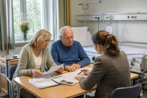 „Pflegegrad im Krankenhaus beantragen – Kosten“: Eine Pflegefachperson bespricht mit einer pflegebedürftigen Person die weitere Versorgung nach einer Behandlung.