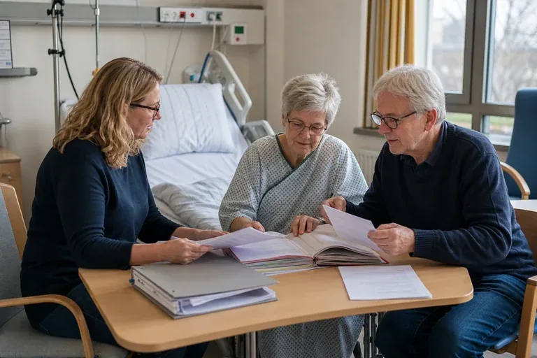 Pflegegrad im Krankenhaus beantragen – Unterlagen „Pflegegrad im Krankenhaus beantragen – Unterlagen“: Eine Pflegefachperson bespricht mit einer pflegebedürftigen Person die weitere Versorgung nach einer Behandlung.