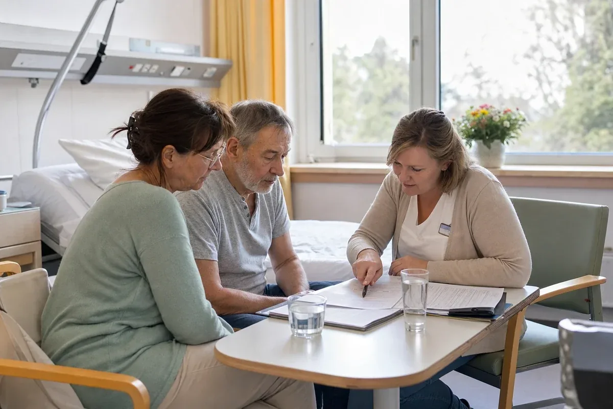 „Pflegegrad im Krankenhaus beantragen – Voraussetzungen“: Eine Pflegefachperson bespricht mit einer pflegebedürftigen Person die weitere Versorgung nach einer Behandlung.