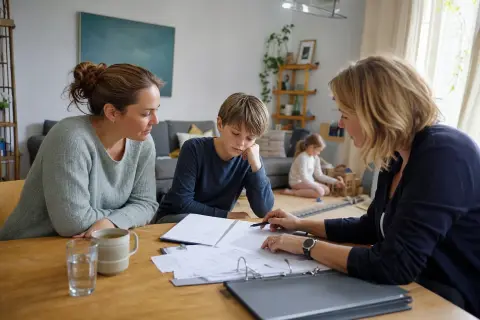 „Pflegegrad für ein Kind – Antrag“: Eltern und eine Fachberaterin besprechen zu Hause die Unterstützung eines pflegebedürftigen Kindes.