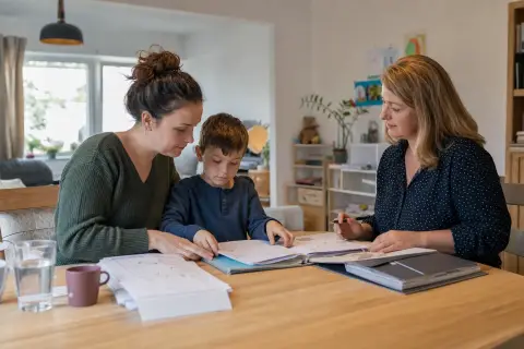 „Pflegegrad für ein Kind – Unterlagen“: Eltern und eine Fachberaterin besprechen zu Hause die Unterstützung eines pflegebedürftigen Kindes.