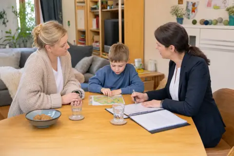 „Pflegegrad für ein Kind – Voraussetzungen“: Eltern und eine Fachberaterin besprechen zu Hause die Unterstützung eines pflegebedürftigen Kindes.