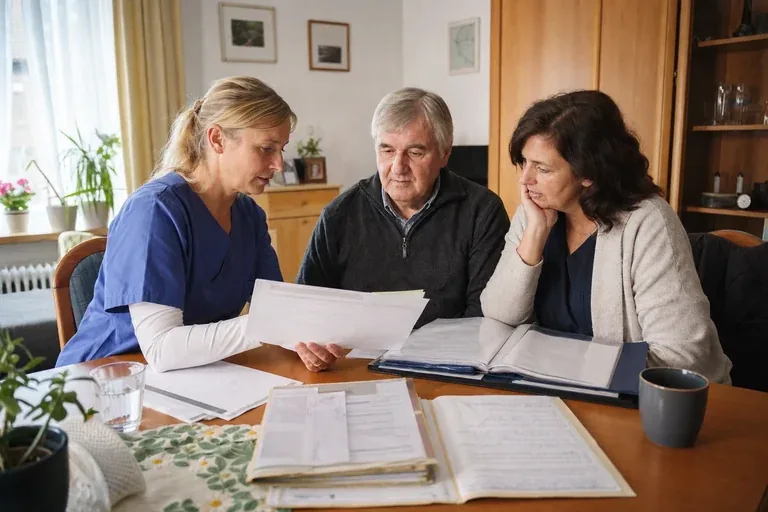 Pflegegrad nach dem Krankenhaus – Unterlagen „Pflegegrad nach dem Krankenhaus – Unterlagen“: Eine Pflegefachperson bespricht mit einer pflegebedürftigen Person die weitere Versorgung nach einer Behandlung.