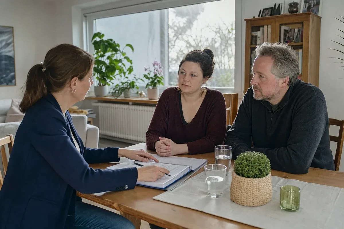 „Pflegegrad bei psychischer Erkrankung – Voraussetzungen“: Eine Angehörige und eine pflegebedürftige Person prüfen gemeinsam Pflegeunterlagen an einem Tisch.