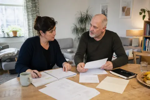 „Pflegegrad bei psychischer Erkrankung – Fristen“: Eine Angehörige und eine pflegebedürftige Person prüfen gemeinsam Pflegeunterlagen an einem Tisch.